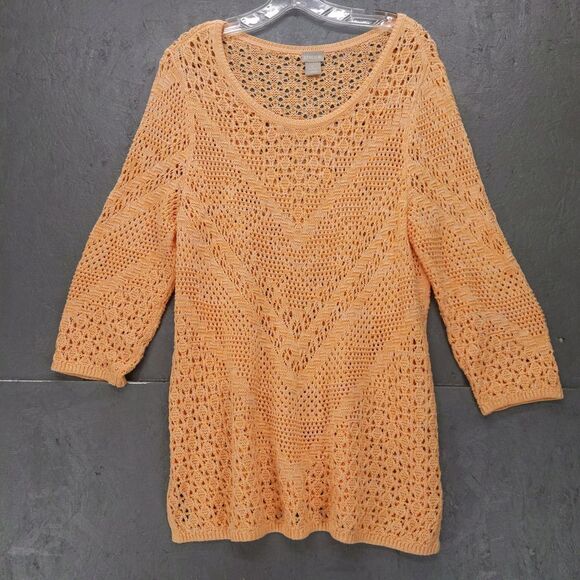 Chicos Peach Open Knit Sweater Crochet‎ Chevron Long Sleeve Top Sz 2 Large - Picture 1 of 9